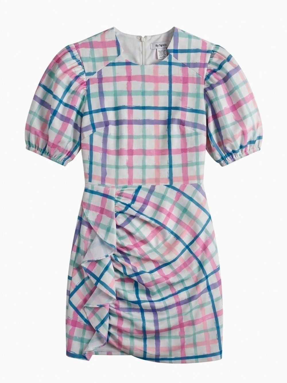 NWT By Egreis Pastel Plaid Ruched Puff Sleeve Mini Dress Small